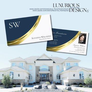 blue and white gold decor with monogram and photo business invitations