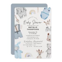 Small Blue Baby Clothes & Toys Boy Baby Shower Invitation Front View