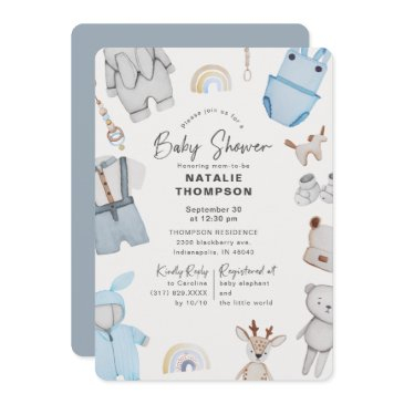 blue baby clothes & toys boy baby shower invitation