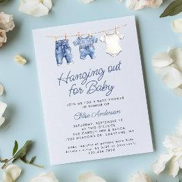 Small Blue Baby Clothesline Cute Rustic Boy Baby Shower Invitation Front View