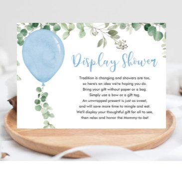 blue balloon eucalyptus greenery display shower enclosure invitations