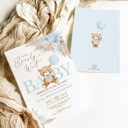 Small Blue Boho Teddy Bear Pampas Grass Boy Baby Shower Invitation Front View