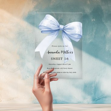 blue bow cream beige elegant sweet 16 clear acrylic invitations