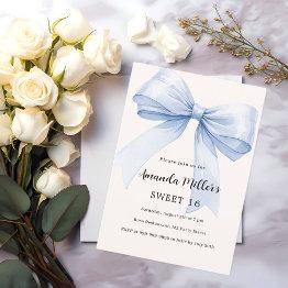 Small Blue Bow Cream Beige Elegant Sweet 16 Invitation Front View