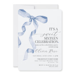 Small Blue Bow Sweet Sixteen Birthday Party Invitation Front View