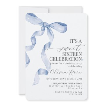 blue bow sweet sixteen birthday party invitation