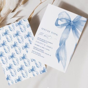 blue bow they're tying the knot engagement party invitation