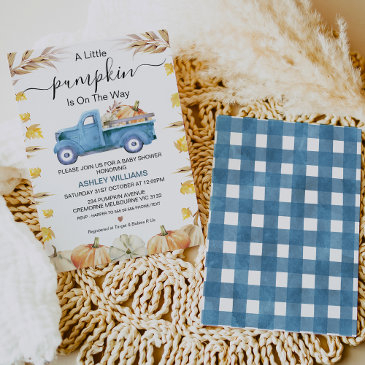 blue boy's little pumpkin truck baby shower invitation