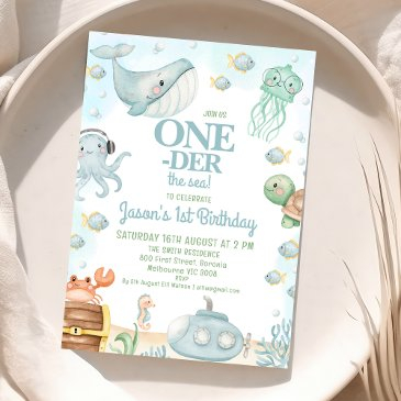 blue boys under sea oneder the sea 1st birthday invitation