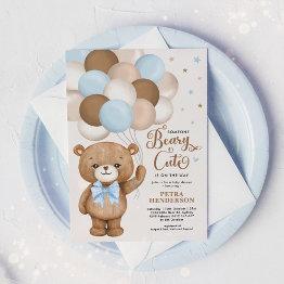 Small Blue Brown Beary Cute Teddy Bear Boy Baby Shower Invitation Front View