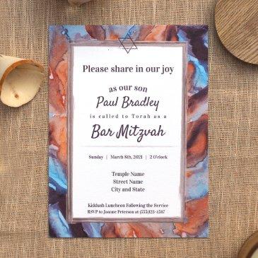 blue, brown eggplant bar mitzvah invitation