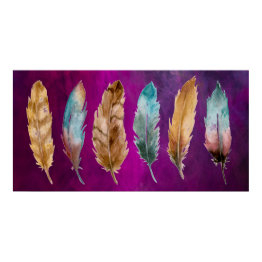 Small Blue Brown Feathers Purple Poster Print Front View