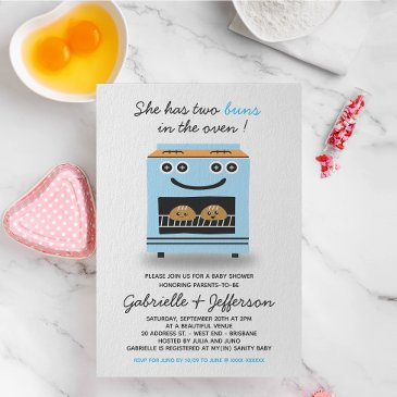 blue bun in the oven twins baby shower invitation