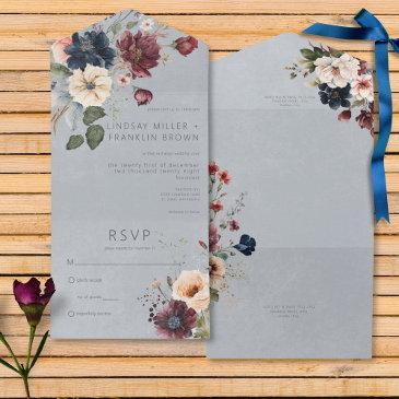 blue burgundy & cream rustic floral blue no dinner all in one invitation