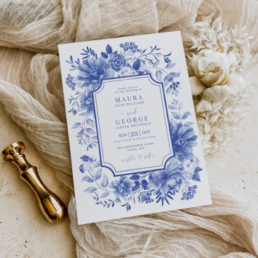 blue chinoiserie porcelain botanical peony wedding invitation