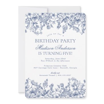blue chinoiserie vintage floral birthday party invitation