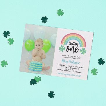 blue clover rainbow lucky one photo 1st birthday invitation