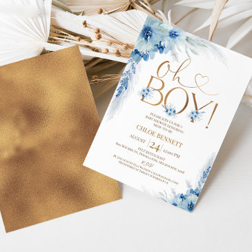 blue copper boho pampas grass oh boy baby shower invitation