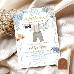 Small Blue Coquette Boy Baby Clothes Baby Shower Invitation Front View