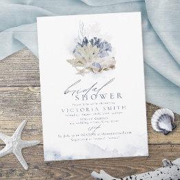 Small Blue Coral & Seashells Beach Themed Bridal Shower Invitation Front View