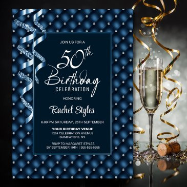 blue diamond pattern 50th birthday party invitation