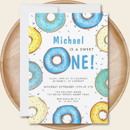 Small Blue Donut Boy's First Birthday Party Invitation Front View