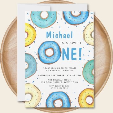 blue donut boy's first birthday party invitation