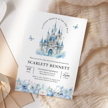 blue fairytale castle prince floral baby shower invitation