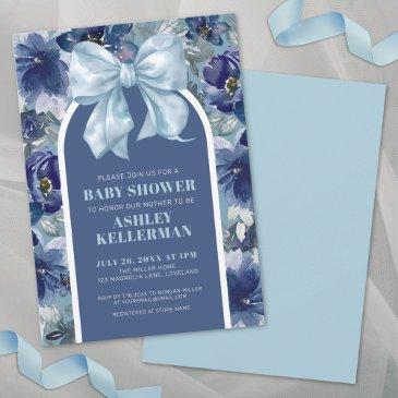 blue floral bow boy baby shower invitation