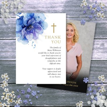 blue floral christian memorial funeral photo thank you invitations
