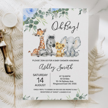 blue floral eucalyptus safari baby shower invitation