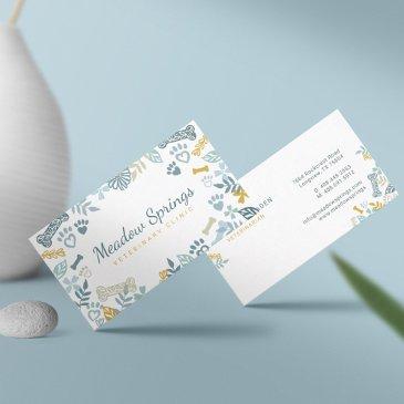 blue floral & foliage pet paw print pattern business invitations