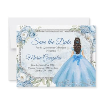 blue floral silver crown quinceañera save the date thank you invitations