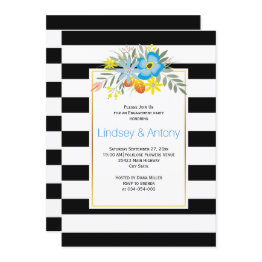 Small Blue Folklore Flowers And Stripes Engagement Party Invitation Front View