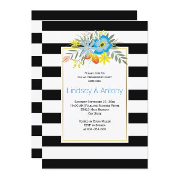 blue folklore flowers and stripes engagement party invitation