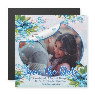 blue forget-me-not flower save the dates announce magnetic invitation