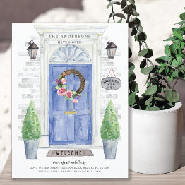 Small Blue Front Door Moving Announcement Front View