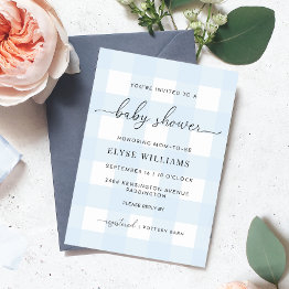 Small Blue Gingham Baby Shower Invitation Front View