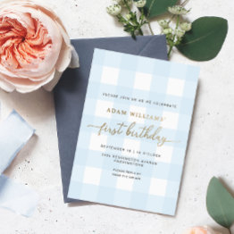 Small Blue Gingham First Birthday Gold Foil Invitation Front View