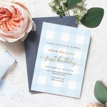 blue gingham first birthday gold foil invitation