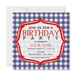 Small Blue Gingham With Red - Birthday Party Invitation Front View