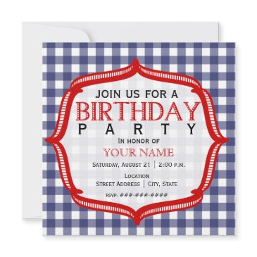 blue gingham with red - birthday party invitation