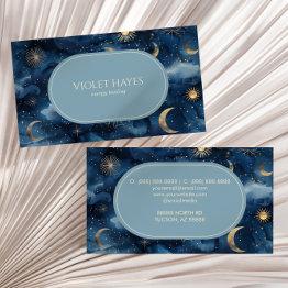 Small Blue Gold Celestial Moon Sun Stars Custom Business Invitations Front View