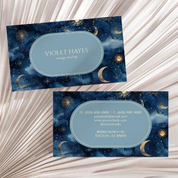 blue gold celestial moon sun stars custom business invitations