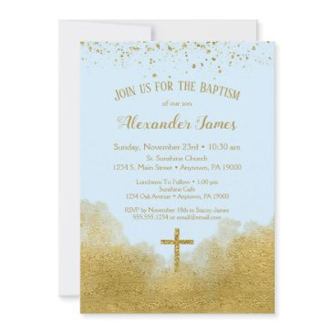 blue gold confetti baptism invitation boy