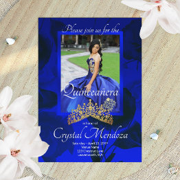 Small Blue, Gold Quinceanera Rhinestone Tiara Invitation Front View