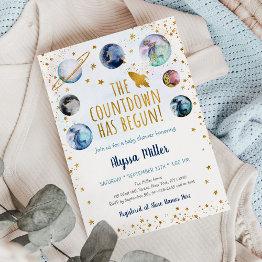 Small Blue Gold Space Countdown Has Begun Baby Shower Invitation Front View