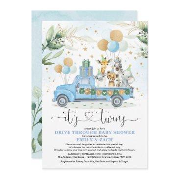 blue gold twin boys jungle drive thru baby shower invitation