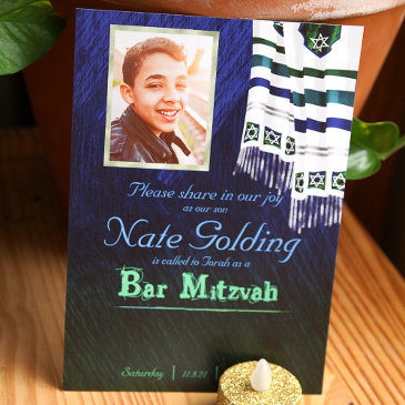 blue & green tallit bar mitzvah invitation