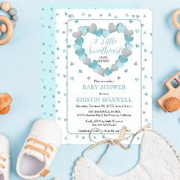 Small Blue Hearts Wreath A Little Sweetheart Baby Shower Invitation Front View